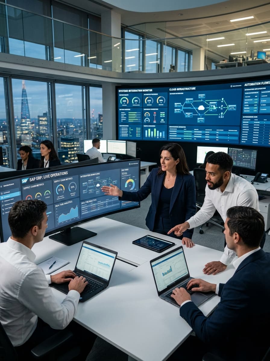 Enterprise operations team reviewing connected business systems