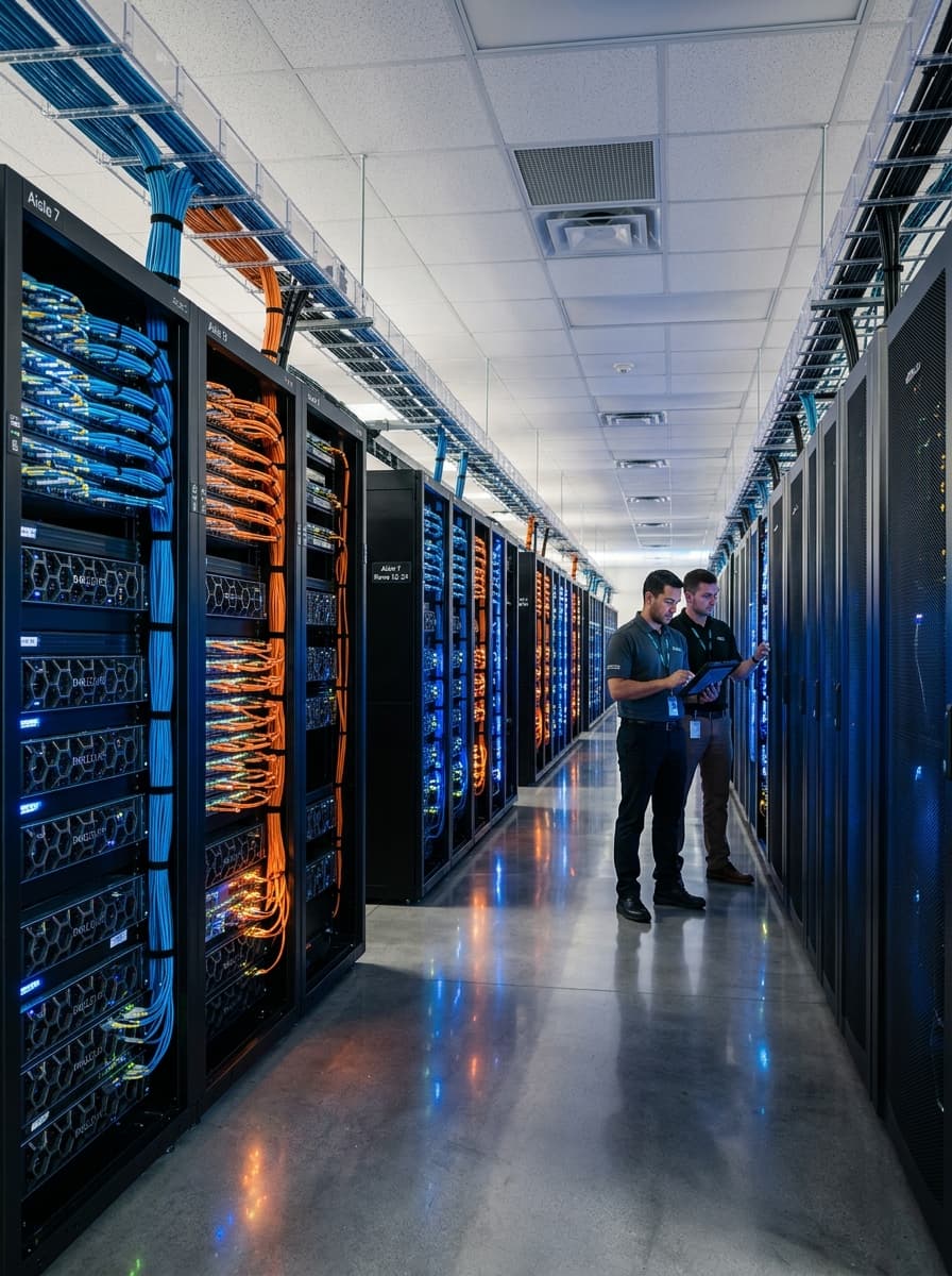 Engineers inspecting equipment in a data centre aisle