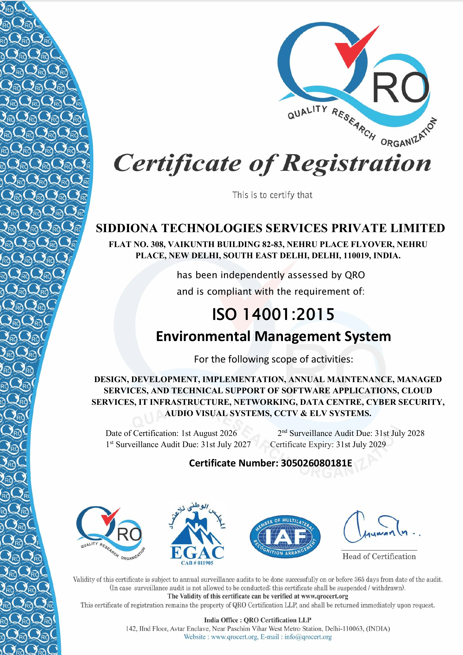 Siddiona Technologies Services Private Limited certificate of registration for ISO 14001:2015, Environmental Management System