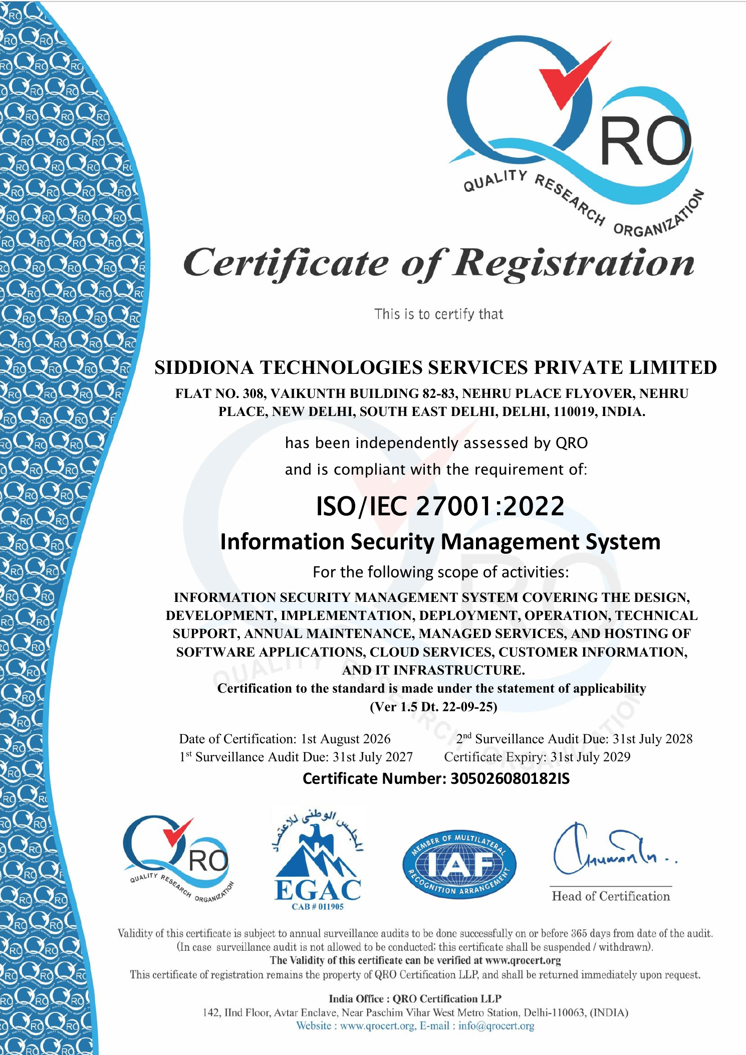 Siddiona Technologies Services Private Limited certificate of registration for ISO/IEC 27001:2022, Information Security Management System