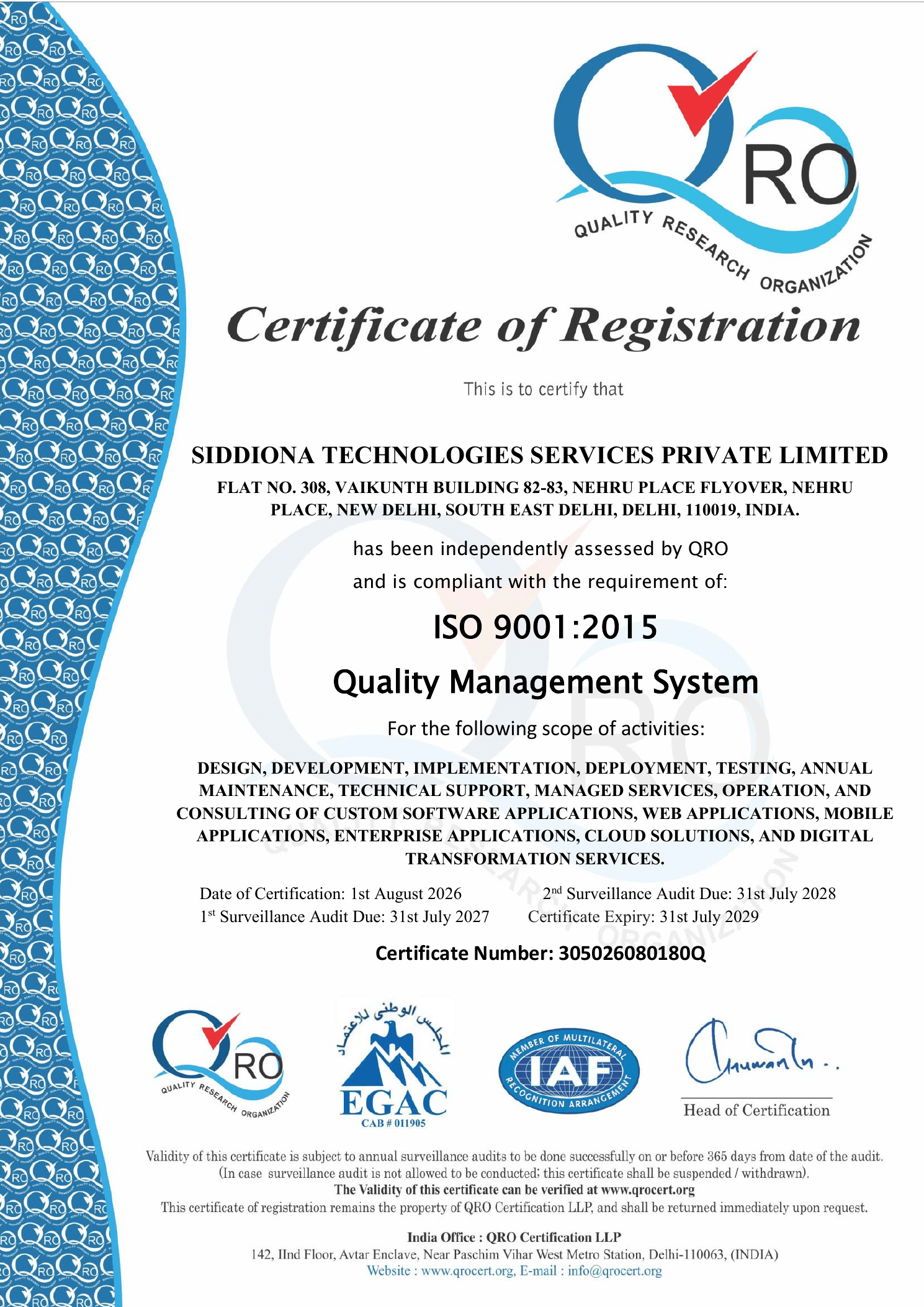 Siddiona Technologies Services Private Limited certificate of registration for ISO 9001:2015, Quality Management System